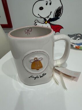 Rae Dunn White/Pink & Black "Jingle Bells" & Ribbon Bows Ceramic MUG